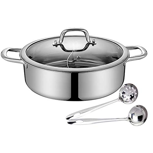 OUKANING 304 Lebensmittelqualität Edelstahl Shabu Shabu Hot Pot mit Trennwand & Deckel für Induktionskochfeld, Gasherd, doppelseitiges Suppen-Kochgeschirr mit Suppenlöffel + Sieb (32cm) von OUKANING