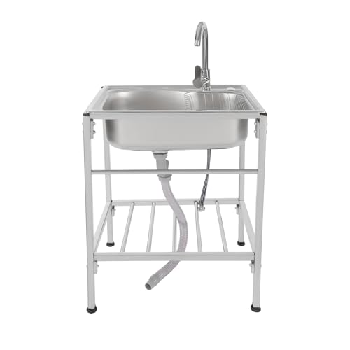 OUKANING 60x45x75cm Freistehende Edelstahl Spültisch Gastro 1 Becken, Multifunktions Waschtisch Mit Heiße/Kalter Wasserhahn, Tragfähigkeit 60kg, Schnelle Entwässerung von OUKANING