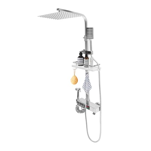 OUKANING Duschsystem Mit Thermostat Digital, Drehknopf-Bedienungen, Duschset Mit Ablagekorb, Einschließen Kopfbrause, Handbrause, Hochdruck-Wasserpistole Und Auslasshahn (Silber, Galvanisierung) von OUKANING