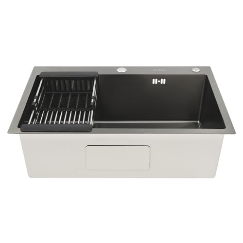 OUKANING Edelstahl Spüle 68cm, Küchenspüle mit 2 Abtropffläche, Antikondensat, Geruchsverschluss, Schallschutz, Unterbau/Untertisch/Aufbau, inkl Siebkorb und Dichtungen von OUKANING