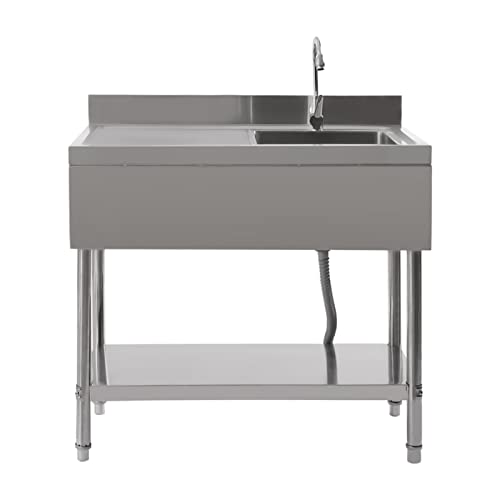 OUKANING Freistehende Edelstahlspüle 100x60x80cm, Edelstahl Multifunktionswaschtisch Spültisch Mit Regal, Tragfähigkeit 300kg, Einbauarbeitsplatte, 360° Gedreht Wasserhahn, Gewerbe/Haushalt von OUKANING