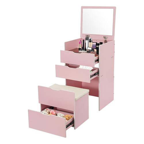 OUKANING Schminktisch mit Hocker und Spiegelfach, Großer Stauraum Kommode mit 3 Schubladen, Multifunktional als Nachttisch, Platzsparend für kleine Räume, einfach zu reinigen (Creme Rosa) von OUKANING