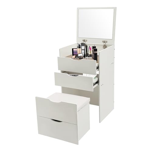 OUKANING Schminktisch mit Hocker und Spiegelfach, Großer Stauraum Kommode mit 3 Schubladen, Multifunktional als Nachttisch, Platzsparend für kleine Räume, einfach zu reinigen (Creme Weiß) von OUKANING