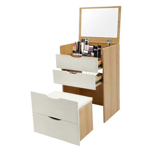OUKANING Schminktisch mit Hocker und Spiegelfach, Großer Stauraum Kommode mit 3 Schubladen, Multifunktional als Nachttisch, Platzsparend für kleine Räume, einfach zu reinigen (Holzfarbe+Creme Weiß) von OUKANING