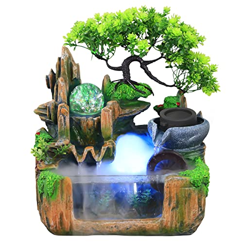 Zimmerbrunnen mit Pflanzen - Zimmerbrunnen Wasserfall mit Pumpe und Beleuchtung Desktop Tischbrunnen Wasserspiel Dekor Aquarium Steingarten für Wohnzimmer, Schlafzimmer, Büro, Café（Landschaft 3） von OUKANING