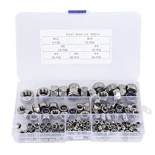 OUKENS 304 Edelstahl -Selbstverriegelungsmuttern M3 M4 M5 M6 M8 M10 M12 Sechskantmuttern Befestigungsset Kit ， inklusive Plastikkoffer (180pcs) von OUKENS