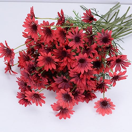 12 Bündel künstliche Seide Gänseblümchen gefälschte Blumen UV-beständig Outdoor gefälschte Wildblumen mit Stielen grüne Sträucher Pflanzen (rot) von OUKEYI