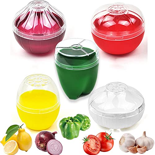 Grüner Pfeffer, Zwiebeln, Tomaten, Zitrone und Knoblauch, 5 Stück, transparente Obst- und Gemüseaufbewahrung, wiederverwendbar, Silikon, Kühlschrankbox, Aufbewahrungsschalen, Halter für Kühlschrank von OUKEYI