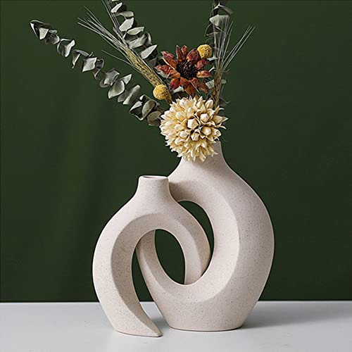 Hohle Keramikvase, Keramikvasen für Heimdekoration, 2er-Set, Boho-Moderne, dekorative weiße Vase, eklektische kleine Blumenvasen für Bauernhaus, Hochzeit, Bücherregal, Tischdekoration von OUKEYI