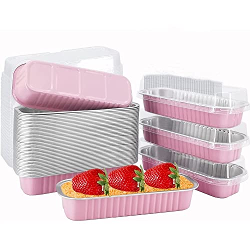 OUKEYI 50 Stück Einweg-Backformen Mit Deckel, 192,8 g 16,5 x 6,3 x 3 cm Aluminium, Mini-Kuchenformen, Rechteckige Muffinformen, Mini-Brownie-Backformen (Rosa) von OUKEYI