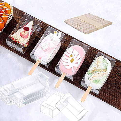 OUKEYI Clear Popsicle Box Cakesicle Boxes, PET Clear Ice Cream Boxes, 3.7x2.2x1.5 Inch Transparent Treat Candy Boxes Pastry Containers for Weddings, Birthday Party Favor Supplies (25+50Pcs) von OUKEYI