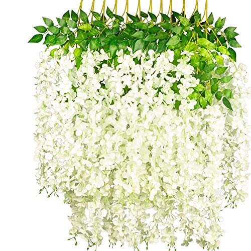 OUKEYI Künstliche Glyzinien-Blumen-Girlande, 100 cm, Seidenblumen, hängende Rebe für drinnen und draußen, Haus, Garten, Weihnachten, Hochzeit, Party, Dekoration, Weiß, 12 Stück von OUKEYI