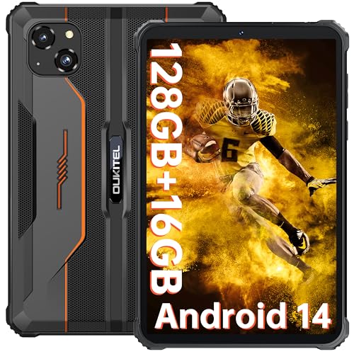 OUKITEL RT3 Pro Outdoor Tablet Android 14 - Wasserdicht Tablet 8 Zoll, 5150mAh 16GB+128GB Robustes Tablets Dual SIM 4G, 16MP+8MP Kamera Mini Tab, Face ID, NFC, Orange von OUKITEL