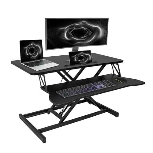 OUKMIC Stehtisch-Konverter, höhenverstellbar, Sitz-zu-Steh-Schreibtischerhöhung mit Tastaturablage für Zuhause oder Büro, Dual-Monitor- und Laptop-Arbeitsplatz, 81,3 cm, Schwarz von OUKMIC