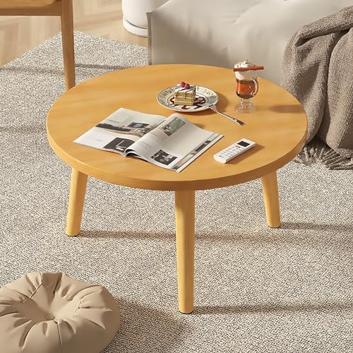Moderner Runder Couchtisch, Holztisch FüR Das Wohnzimmer, Niedriger Kleiner Schreibtisch, Tatami, Auf Dem Boden Sitzend, Schlafzimmer, Erkerfenster, Teestube (61 Cm L X 61 Cm B, 50 Cm H, Natur) von OUKMXSY