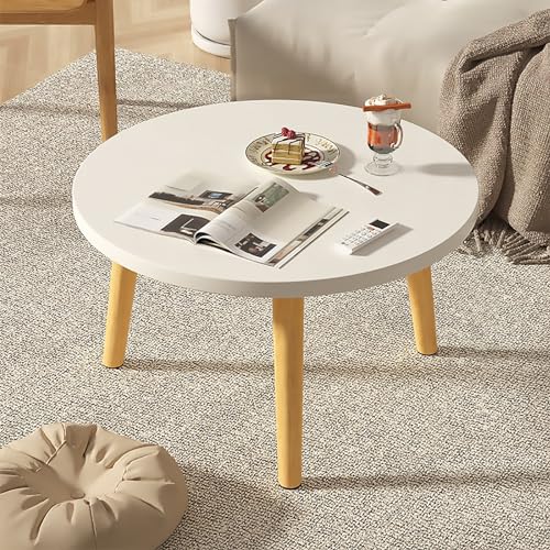 Moderner Runder Couchtisch, Holztisch FüR Das Wohnzimmer, Niedriger Kleiner Schreibtisch, Tatami, Auf Dem Boden Sitzend, Schlafzimmer, Erkerfenster, Teestube (61 Cm L X 61 Cm B, 50 Cm H, Weiß) von OUKMXSY
