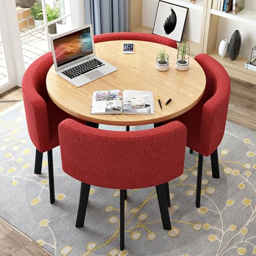 OUKMXSY Rundes Esstisch-Set FüR Die KüChe FüR 4 Personen, Platzsparend Und Mit Dicker Tischplatte, 4 Gepolsterten StüHlen, Modernes, Legeres Kaffee-Set FüR Das Esszimmer (D 80 cm, Rot) von OUKMXSY