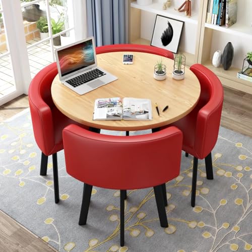 Rundes Esstisch-Set FüR Die KüChe FüR 4 Personen, Platzsparend Und Mit StüHlen Mit Dicker Tischplatte, 4 Gepolsterten StüHlen, Modernes, LäSsiges Kaffee-Set FüR Das Esszimmer (D 80 Cm, Pu-Rot) von OUKMXSY