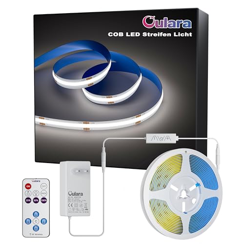 OULARA COB LED Streifen KaltesWeiß 6000K,6M Dimmbar 24V Flexibel LED Strip light Set mit RF Fernbedienung und Netzteil,CRI90+ Hell Unterbauleuchte für Home DIY Dekoration,Timerfunktion von OULARA