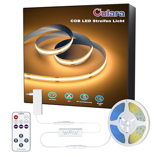 OULARA COB LED Streifen 10M 2700K Warmweiss Dimmbar 24V Flexibel LED Strip lights Set mit RF Fernbedienung und Netzteil,CRI90+ Hell Unterbauleuchte für Home DIY Dekoration,Timerfunktion von OULARA