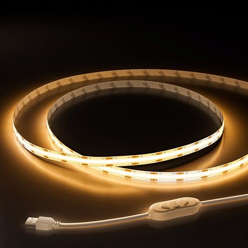OULARA USB COB LED Streifen 5V Warmweiß 2700K,2M dimmbare 640LEDs COB LED Streifen Licht, Flexibler LED Streifen Mit Speicher Funktion für TV Hintergrund beleuchtung,Schlafzimmer,Spiegel von OULARA