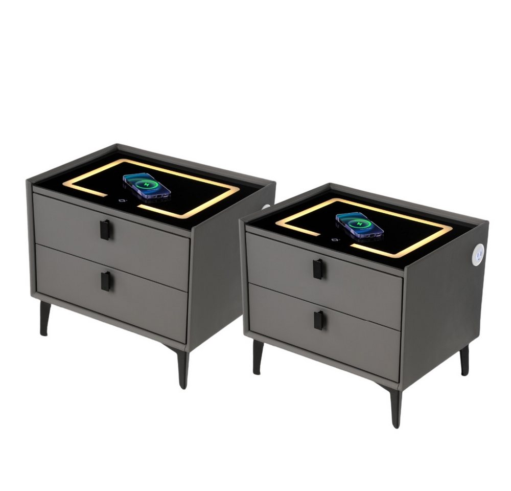OULENBIYAR Nachttisch Nachttisch 2er Set Nachttischschrank mit LED-Beleuchtung, 2 Schubladen (Packung, 2er Set), Touch-Sensor-Licht Beistelltisch, Nachtkommode mit 3 Farblicht dimmbar von OULENBIYAR