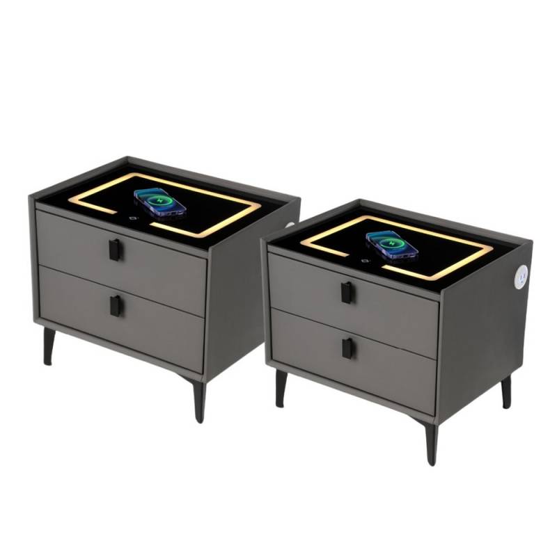 OULENBIYAR Nachttisch Nachttisch 2er Set Nachttischschrank mit LED-Beleuchtung, 2 Schubladen (Packung, 2er Set), Touch-Sensor-Licht Beistelltisch, Nachtkommode mit 3 Farblicht dimmbar von OULENBIYAR