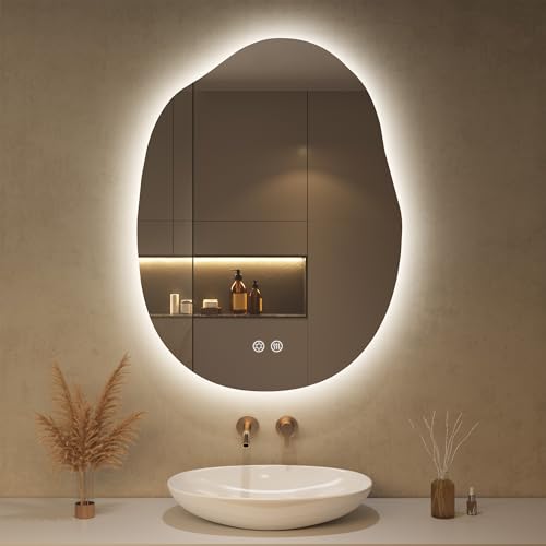 OUMUSU Spiegel mit Beleuchtung Asymmetrischer LED Badspiegel 60 x 80 cm mit Touch-Schalter, Dimmbar 3 Lichtfarbe Einstellbare, Beschlagfrei Badezimmerspiegel mit Beleuchtung, Bruchsicher von OUMUSU