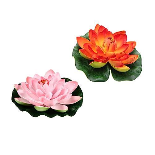 OUNONA 2 Stück Künstliche Lotusblüte Orange Hellrosa Schwimmende Wasserlilie Teichdeko Außen Lifelike Emulierte Teichpflanze Schwimmpflanze für Garten Pool und Aquarium von OUNONA