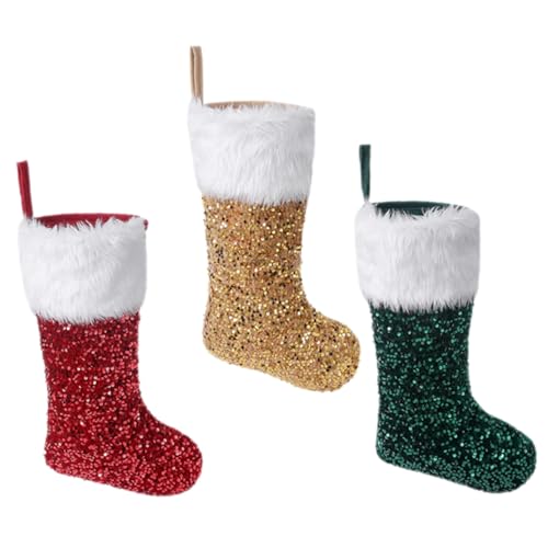 OUNONA 3 Stück Teiliges Weihnachtsstrümpfe mit Glitzer Flauschige Geschenkbeutel für Weihnachtsbaumanhänger Vielseitige Weihnachtsdeko für Fenster Kamin und Party Rot-Gold-grün von OUNONA