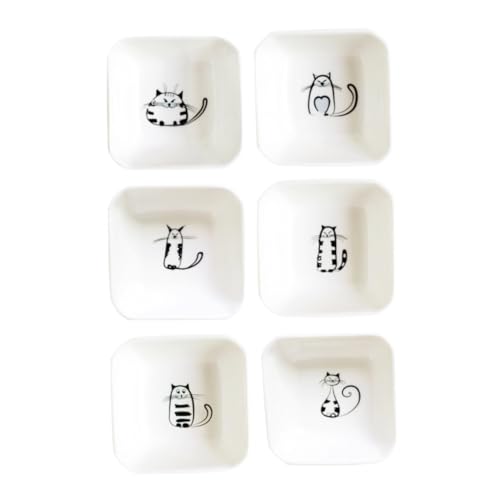 OUNONA 6 Stück Keramik Saucenschalen Katzenmotiv Handbemalt Hitzebeständig Klein und Quadratisch für Dips Gewürze Snacks Kindersicher Vielseitig für Küche und Tisch von OUNONA