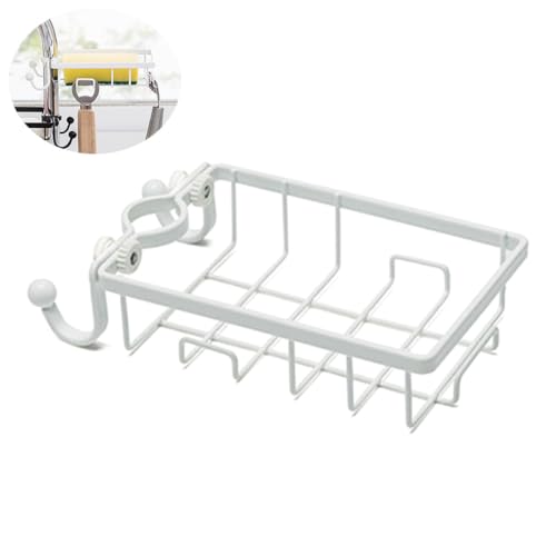 OUNONA Küchenspüle Organizer Weiß Schwammhalter Wasserhahn Montage ohne Bohren Rostfreies Plastik Metall Abnehmbar Feuchtigkeitsresistent für Spültuch und Seife von OUNONA