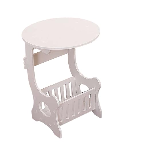 OUNONA Mini Runder Couchtisch Weiß Mit Ablagekorb Und Zeitungsständer Beistelltisch Für Wohnzimmer Schlafzimmer Zeitungsständer Mini-beistelltisch Runder Tisch Für Kreative von OUNONA