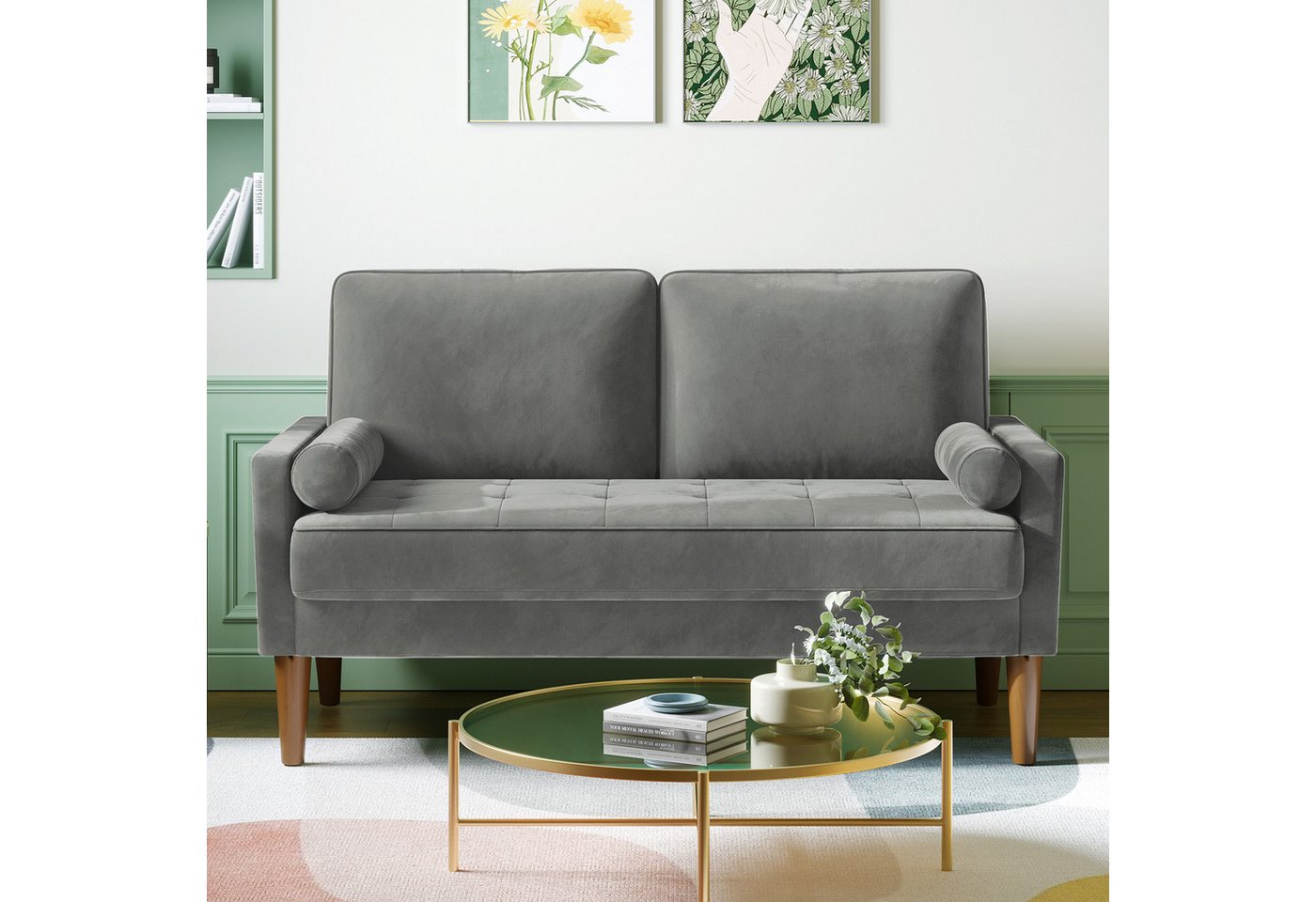 OUNUO 2-Sitzer Couch 2 Sitzer, Samt Kleines Sofa mit 2 Wurfkissen, Grün OUNUO 2-Sitzer Couch 2 Sitzer, Samt Kleines Sofa mit 2 Wurfkissen, Grün von OUNUO