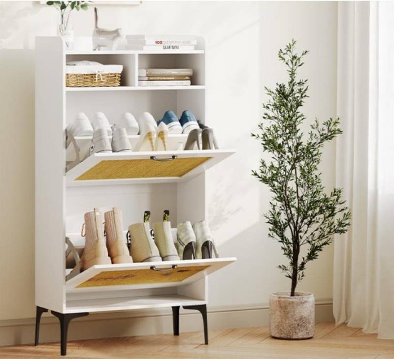 OUNUO Schuhschrank mit Rattan-Dekoration, 2 klappbare Schubladen, und Metallfüßen von OUNUO