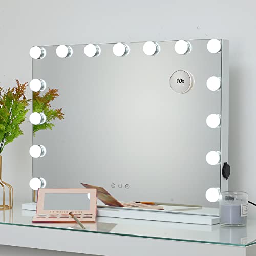 OUO Hollywood-Spiegelleuchten für Schminktisch, beleuchteter Kosmetikspiegel mit 15 dimmbaren LED-Lampen, Kosmetikspiegel mit USB-Anschluss, Tisch- oder Wandmontage, 58 x 46 cm von OUO