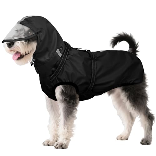 OUOBOB Hunderegenmantel wasserdicht, Regenjacke mit reflektierenden Streifen, H-Brustgeschirr (D-Ring) & Abnehmbarer Kapuze mit Visier, Ideal für mittelgroße/große Hunde [Schwarz, Größe M] von OUOBOB