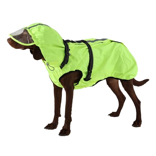OUOBOB Hunderegenmantel wasserdicht, Regenjacke mit reflektierenden Streifen, H-Brustgeschirr (D-Ring) & Abnehmbarer Kapuze mit Visier, Ideal für mittelgroße/große Hunde [Neon Grün, Größe XL] von OUOBOB