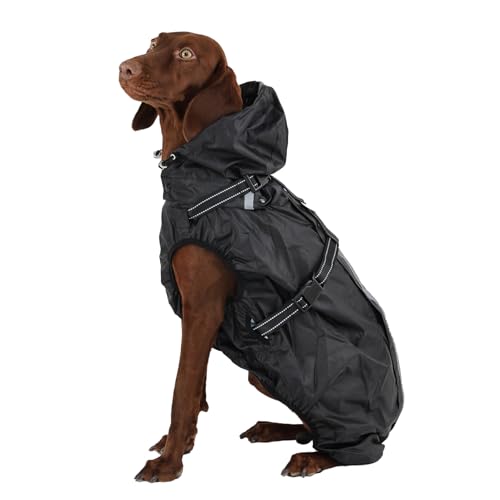 OUOBOB Hunderegenmantel wasserdicht, Regenjacke mit reflektierenden Streifen, H-Brustgeschirr (D-Ring) & Abnehmbarer Kapuze mit Visier, Ideal für mittelgroße/große Hunde [Schwarz, Größe 4XL] von OUOBOB