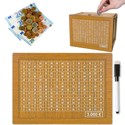 Spardose Holz, Spardose aus Holz, Wiederverwendbare Spardose, Sparbox mit Zahlen ankreuzen, Retro Sparbüchse Aufbewahrungsbox,Spardose für Hilft Erwachsene und Kindern Gewohnheit Zum Sparen (3000€) von OUOQI