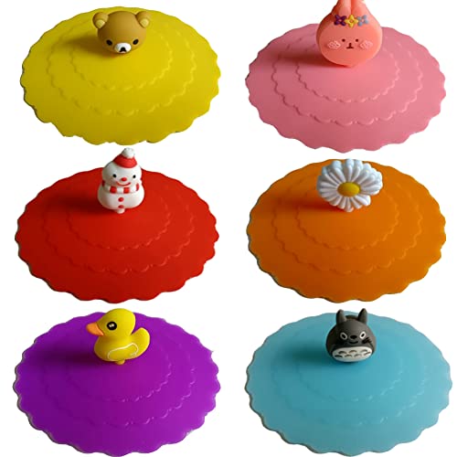 6 Stück Silikon Deckel, Anti-Staub Tasse Deckel, Glasabdeckung, Auslaufsicherer Becherdeckel, Niedlicher Cartoon Becherdeckel, Tassenabdeckung für Kaffee Bierkrug (10cm) von OUOQI