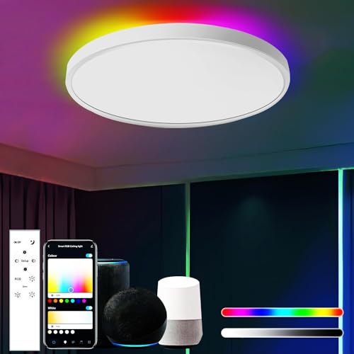 OURLOVEII 30W LED Deckenleuchte Smart Home 30cm RGB Deckenlampe rund Dimmbar mit Fernbedienung mit Steuerbar via App Farbwechsel Kompatibel mit Alexa und Google Assistant Wohnzimmer, Weiß von OURLOVEII