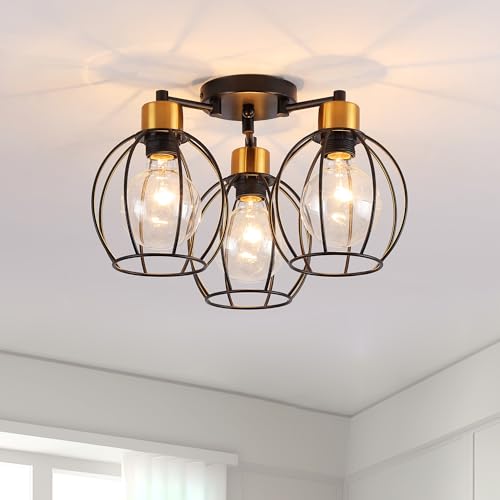 OURLOVEII Deckenlampe Vintage Industrial Style, Φ 38 cm Schwarz Gold Deckenleuchte E27 3 Flammig, mit Metall aus Retro Käfig Lampenschirm, für Schlafzimmer Küche Esszimmer Flur von OURLOVEII