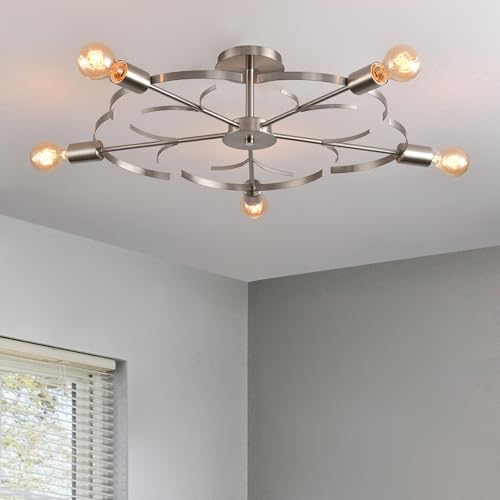 OURLOVEII Ø70 cm Vintage Wohnzimmer Deckenlampe Nickel Matt Metall Deckenleuchte 5 Flammig E27 Fassung Blumenform Wohnzimmer lampe Decke für Küche Schlafzimmer Esszimmer (Nickel) von OURLOVEII