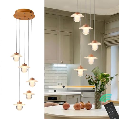 OURLOVEII Pendelleuchte Esstisch 5 Flammig, LED Esstischlampe Hängend Dimmbar mit Fernbedienung, Blumen-Lampenschirm aus Acryl, Modern Hängeleuchte Holz-Farbe für Esszimmer, Höhenverstellbar von OURLOVEII