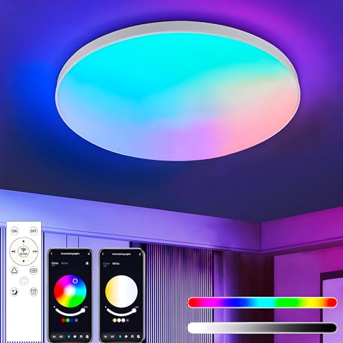 OURLOVEII Moderne Smart LED Deckenleuchte Dimmbar RGB Deckenlampe Rund 30cm mit Fernbedienung Farbwechsel mit Musik Rhythm, Steuerbar via App, Flach Lampe für Wohnzimmer Schlafzimmer, Weiß, 24W von OURLOVEII