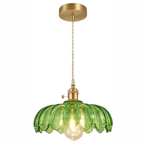 OURLOVEII Modern Grün Glas Hängelampe E27 Küche Pendelleuchte mit Messingschalter Höhenverstellbar Küchenlampe Hängend Glas Esstischlampe für Esszimmer Esstisch Flur Ø25 cm von OURLOVEII