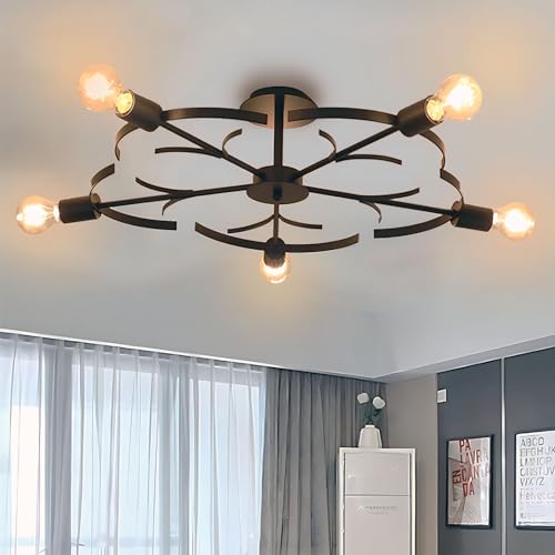 OURLOVEII Vintage Deckenlampe Wohnzimmer, Groß Deckenleuchte Schwarz Industrial Style, 5 Flammig, Blumenform, Wohnzimmerlampe Decke für Schlafzimmer Esszimmer küche, E27,Metall von OURLOVEII