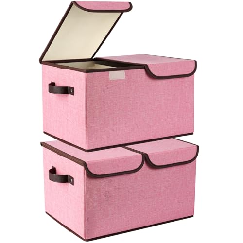 OUSFOT Aufbewahrungsbox mit Deckel Stoff 30L Kleiderschrank Organizer 2er Set, Boxen Aufbewahrung mit 2 Deckeln, Faltbare Ordnungsboxen mit Abnehmbaren Trennwand Pink für Kleidung, Spielzeug, Bücher von OUSFOT