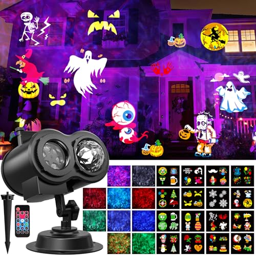 OUSFOT Halloween Projektor im Freien, 16 Folien, Halloween Projektor mit Fernbedienung und Timer-Funktion, Geeignet für Erntedankfest, Weihnachten, Neujahr, Partys von OUSFOT